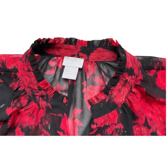 Chico’s Women’s Blouse Size 2 (L/12) Black Red Sheer Floral Long Sleeve Top - Picture 2 of 3